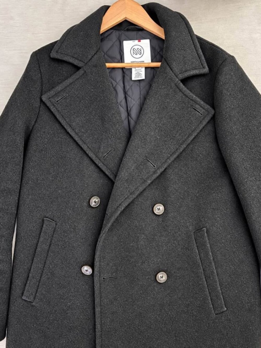 North & Mark Double-Breasted Wool & Cashmere Peacoat – Charcoal Gray – Men’s L